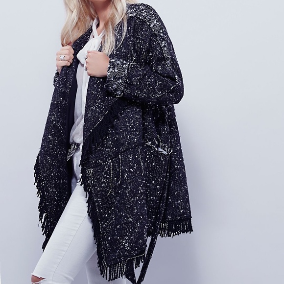 Free People Black & White Fringe Wrap Blanket Coat Wool Blend - Picture 1 of 13